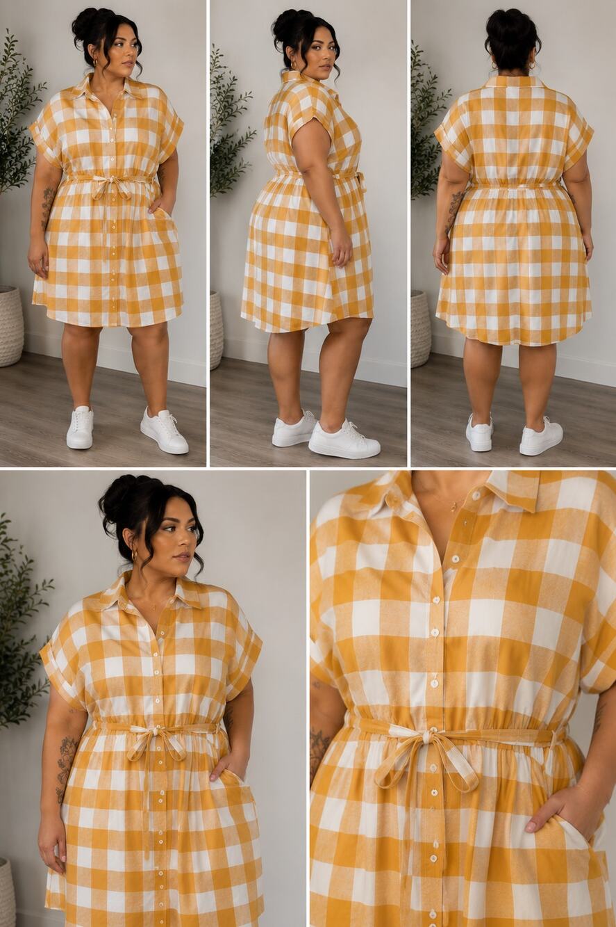Eloquii Gingham Shirt Dress Size 28 Mustard Yellow White Cotton Button Front Tie